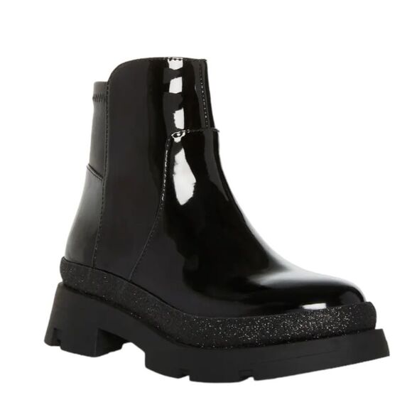 Steve Madden Boots Girls Trap Black Patent Leather Side Zip Glitter Chunky 4 - Picture 2 of 12